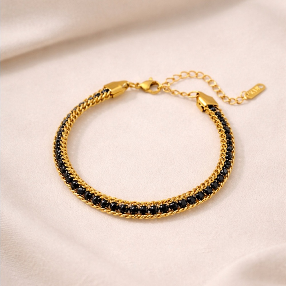 NEW Double Chain Bracelet With Black CZ Inlay Gold PVD Coated Stainless Steel - Picture 1 of 1